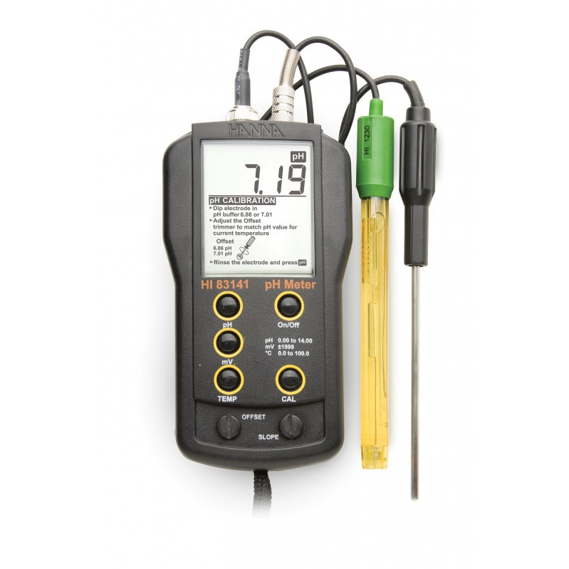 HANNA HI 83141 pH-mV-T°-mètre portatif avec électrode pH et sonde de température, connexion BNC